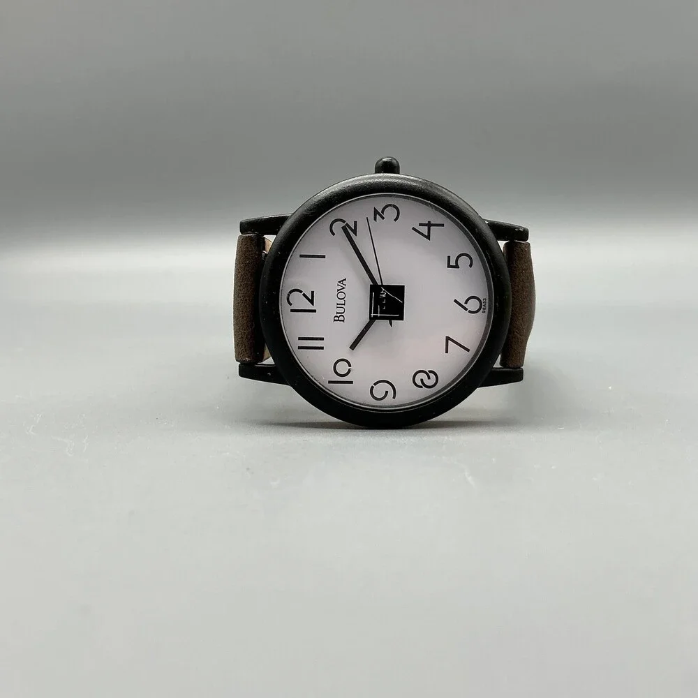 Bulova Frank Lloyd Mens Watch 35mm Black Case Leather Strap New Battery
